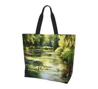 Reusable One Shoulder Shopping Bag, Water Lilies in the Pond Women One Shoulder Casual Tote Bag, Multipurpose Large Shopping Bag
