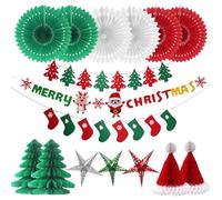 Reusable Paper Christmas Decorations, 16PCS Christmas Ceiling Decorations Merry Christmas Banner Hanging Bunting Snowflake Paper Fans Tissue Paper Pom Poms Christmas Hanging Star Hanging Christmas De