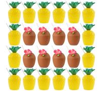 Reusable Plastic Coconut & Pineapple Cups with Paper Straws - Pack of 24 (8X Coconut/16x Pineapple) - Perfect for Parties, Picnics, BBQs, or Any Summer Event