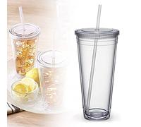 Reusable Plastic Cups, Double-Walled Transparent Drinking Cup with Straw, Reusable Cups, Suitable for Fruit Juice, Coffee (650 ml)
