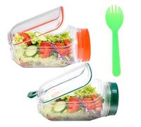 Reusable Plastic Layering Salad Pod with Side Opening Leak Proof Container Detachable Lid Dishwasher Safe for Wet Dry Separation Lunch Meal Prep Office Picnic Camping Home Kitchen (orange+green+fork)
