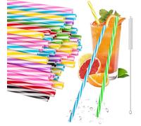 Reusable Plastic Straws 25pcs, Candy-Striped Drinking Straws with Cleaning Brush, Drinking Straws for Smoothies, Juice, Cocktail, Hot Drink (25Pcs)