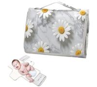 Reusable Portable Changing pad with Tissue Pocket Diaper Changing pad Travel for Moms, Dads- White Daisies on Grey Marble Background