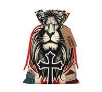 Reusable Powerful-Lion-Cross-America Burlap Drawstring Xmas Present Bags, Rustic Gift Wrap Bags For Holiday Party And Xmas Presents