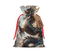 Reusable Powerful-Mystical-Dragon Burlap Drawstring Xmas Present Bags, Rustic Gift Wrap Bags For Holiday Party And Xmas Presents