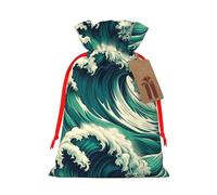 Reusable Powerful-Ocean-Wave Burlap Drawstring Xmas Present Bags, Rustic Gift Wrap Bags For Holiday Party And Xmas Presents