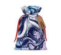 Reusable Powerful-Watercolor-Inkfish Burlap Drawstring Xmas Present Bags, Rustic Gift Wrap Bags For Holiday Party And Xmas Presents