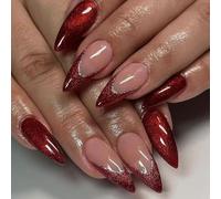 Reusable Press On Nails Burgundys Glitters Ombres Floral Artwork Quickly Stick Artificial Nails For Women Gift Party Essential Wine Red French Nail Art