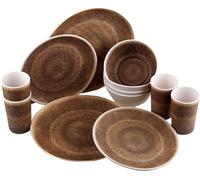 Reusable Quality Melamine Plastic Dinner Set Plates Bowls Cups 16 Piece - Brown