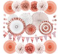 Reusable Rose Gold Party Decorations for Birthday Parties, Weddding Decor 19pcs Hanging Paper Fans, Pom Poms Flowers, Garlands String Polka Dot and Triangle Bunting Flags by Wonsta