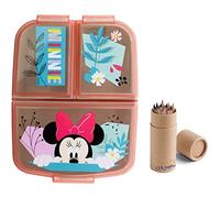 Reusable Sandwich Lunch Box 3 Multi Compartment Kids Children School Includes Half Size 12pcs Pencil Set (Minnie)