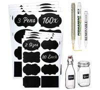Reusable Self-Adhesive Jar Labels - 163-Piece Chalkboard Sticker Set with 3 Pens (Gold, White, Chalk), Jam Jar Labels, Easy Peel Off, Wipeable Vinyl Labels for Jars, Bottles & More.