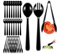 Reusable Serving Utensils Set 24 Pcs - 8 Heavy Duty Plastic Tongs, 8 Spoons & 8 Forks | Dishwasher Safe Buffet & Party Supplies for Wedding, Catering, Holidays(Black)