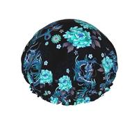 Reusable Shower Cap & Bath Cap Waterproofs Shower Caps for all Hair Lengths with Lining & Elastic Band Stretch Hem Hair Hat (light blue flowers cool dragons floral)
