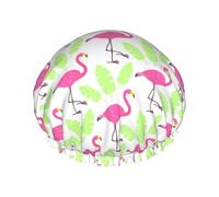 Reusable Shower Cap For Women Cartoon Tropical Flamingos Bath Cap Double Layer Waterproof Shower Hair Protector Adjustable Elastic Band Shower Hat For Home Spa Salon Bathing Caps