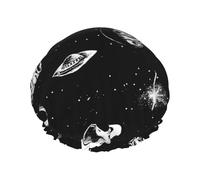 Reusable Shower Cap for Women Double Layer Waterproofs Universe Cartoon galaxy stars planets ufo black and white Hair Cap for Girls Spa Home Salon Use
