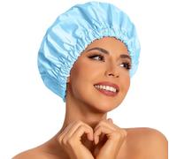 Reusable Shower Cap for Women, Large Waterproof Shower Essentials Bonnet Washable Elastic Band Bath Hair Wrap Hat for Long Hair, Braids(Light Blue)