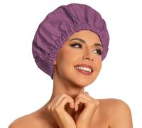 Reusable Shower Cap for Women, Large Waterproof Shower Essentials Bonnet Washable Elastic Band Bath Hair Wrap Hat for Long Hair, Braids(Leather Purple)
