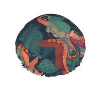 Reusable Shower Cap for Women Men Large Waterproof Shower Bonnet Washable Bath Cap Abstract Octopus Hair Hat Elastic Band Double Layered Shower Hat for Long Hair, Braids