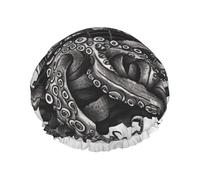 Reusable Shower Cap for Women Men Large Waterproof Shower Bonnet Washable Bath Cap Black and White Octopus and Ship Hair Hat Elastic Band Double Layered Shower Hat for Long Hair, Braids