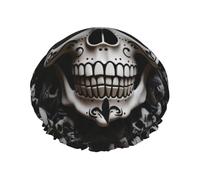 Reusable Shower Cap for Women Men Large Waterproof Shower Bonnet Washable Bath Cap Black and white skulls Hair Hat Elastic Band Double Layered Shower Hat for Long Hair, Braids