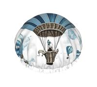 Reusable Shower Cap for Women Men Large Waterproof Shower Bonnet Washable Bath Cap Blue Hot Air Balloon Hair Hat Elastic Band Double Layered Shower Hat for Long Hair, Braids
