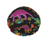Reusable Shower Cap for Women Men Large Waterproof Shower Bonnet Washable Bath Cap Cartoon Dinosaur Hair Hat Elastic Band Double Layered Shower Hat for Long Hair, Braids