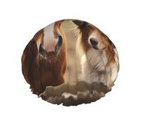 Reusable Shower Cap for Women Men Large Waterproof Shower Bonnet Washable Bath Cap Collie Dog and Horse Together Hair Hat Elastic Band Double Layered Shower Hat for Long Hair, Braids
