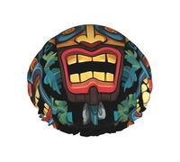 Reusable Shower Cap for Women Men Large Waterproof Shower Bonnet Washable Bath Cap Colorful tiki mask pattern Hair Hat Elastic Band Double Layered Shower Hat for Long Hair, Braids