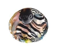 Reusable Shower Cap for Women Men Large Waterproof Shower Bonnet Washable Bath Cap Cute zebra watercolor Hair Hat Elastic Band Double Layered Shower Hat for Long Hair, Braids