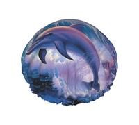 Reusable Shower Cap for Women Men Large Waterproof Shower Bonnet Washable Bath Cap dolphins art Hair Hat Elastic Band Double Layered Shower Hat for Long Hair, Braids