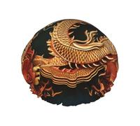 Reusable Shower Cap for Women Men Large Waterproof Shower Bonnet Washable Bath Cap Dragon chinese background Hair Hat Elastic Band Double Layered Shower Hat for Long Hair, Braids