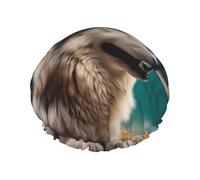 Reusable Shower Cap for Women Men Large Waterproof Shower Bonnet Washable Bath Cap Fun Animal Wolf Hair Hat Elastic Band Double Layered Shower Hat for Long Hair, Braids