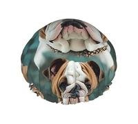 Reusable Shower Cap for Women Men Large Waterproof Shower Bonnet Washable Bath Cap Funny English Bulldog Hair Hat Elastic Band Double Layered Shower Hat for Long Hair, Braids