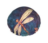 Reusable Shower Cap for Women Men Large Waterproof Shower Bonnet Washable Bath Cap Hand painted dragonfly Hair Hat Elastic Band Double Layered Shower Hat for Long Hair, Braids