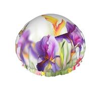 Reusable Shower Cap for Women Men Large Waterproof Shower Bonnet Washable Bath Cap Iris Flower Butterfly Hair Hat Elastic Band Double Layered Shower Hat for Long Hair, Braids