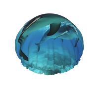 Reusable Shower Cap for Women Men Large Waterproof Shower Bonnet Washable Bath Cap Marine dolphin Hair Hat Elastic Band Double Layered Shower Hat for Long Hair, Braids
