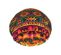Reusable Shower Cap for Women Men Large Waterproof Shower Bonnet Washable Bath Cap Mexican Folk Art Boho Hair Hat Elastic Band Double Layered Shower Hat for Long Hair, Braids
