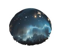 Reusable Shower Cap for Women Men Large Waterproof Shower Bonnet Washable Bath Cap Nightsky Hanging Moon Stars Hair Hat Elastic Band Double Layered Shower Hat for Long Hair, Braids