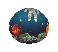 Reusable Shower Cap for Women Men Large Waterproof Shower Bonnet Washable Bath Cap Outer Space Rocket Astronaut Hair Hat Elastic Band Double Layered Shower Hat for Long Hair, Braids
