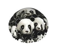 Reusable Shower Cap for Women Men Large Waterproof Shower Bonnet Washable Bath Cap Panda Graphic Black and White Hair Hat Elastic Band Double Layered Shower Hat for Long Hair, Braids