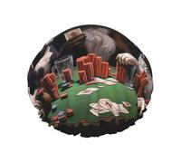 Reusable Shower Cap for Women Men Large Waterproof Shower Bonnet Washable Bath Cap Playing Poker Dogs Hair Hat Elastic Band Double Layered Shower Hat for Long Hair, Braids