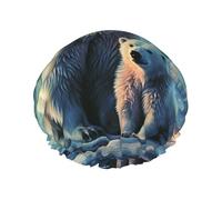 Reusable Shower Cap for Women Men Large Waterproof Shower Bonnet Washable Bath Cap Polar Bears Northern Lights Hair Hat Elastic Band Double Layered Shower Hat for Long Hair, Braids