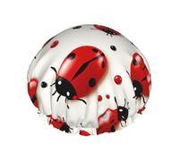 Reusable Shower Cap for Women Men Large Waterproof Shower Bonnet Washable Bath Cap Red Ladybug Hair Hat Elastic Band Double Layered Shower Hat for Long Hair, Braids
