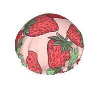 Reusable Shower Cap for Women Men Large Waterproof Shower Bonnet Washable Bath Cap Strawberry pattern Hair Hat Elastic Band Double Layered Shower Hat for Long Hair, Braids