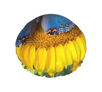 Reusable Shower Cap for Women Men Large Waterproof Shower Bonnet Washable Bath Cap Sunflower Blue Butterfly Hair Hat Elastic Band Double Layered Shower Hat for Long Hair, Braids
