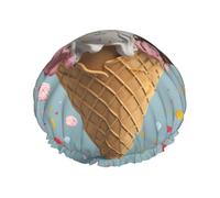 Reusable Shower Cap for Women Men Large Waterproof Shower Bonnet Washable Bath Cap Sweet Ice Cream Hair Hat Elastic Band Double Layered Shower Hat for Long Hair, Braids