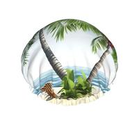 Reusable Shower Cap for Women Men Large Waterproof Shower Bonnet Washable Bath Cap Tropical Palm Tree Hair Hat Elastic Band Double Layered Shower Hat for Long Hair, Braids