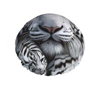 Reusable Shower Cap for Women Men Large Waterproof Shower Bonnet Washable Bath Cap White Tiger Hair Hat Elastic Band Double Layered Shower Hat for Long Hair, Braids