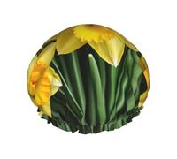 Reusable Shower Cap for Women Men Large Waterproof Shower Bonnet Washable Bath Cap Yellow Daffodils Flowers Hair Hat Elastic Band Double Layered Shower Hat for Long Hair, Braids